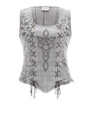 Gray Lace-Up Sleeveless Embroidered Vest Top